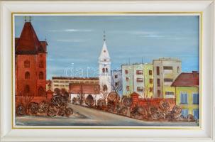 Németh Béla: Szőnyi utca , Olaj, farost, jelzett, keretben, hátoldalán autográf sorokkal 28x48 cm