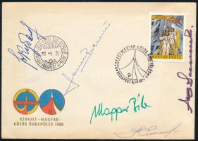 1980 Szovjet-Magyar közös űrrepülés program résztvevői Farkas Bertalan (1949-), Magyari Béla (1949-2018) magyar és Valerij Kubaszov (1935-2014), Alekszej Jeliszejev (1934- ) és Vlagyimir Dzsanyibekov (1942- ) szovjet űrhajós aláírásával / Intercosmos with original autograph of 5 astronauts