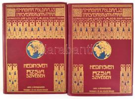 [Hedin, Sven (1865-1952)] Sven Hedin: Ázsia szívében I-II. kötet. Tízezer kilométernyi úttalan utazás. Ford.: Dr. Thirring Gusztáv. Magyar Földrajzi Társaság Könyvtára. Bp., é.n., Lampel R. (Wodianer F. és Fiai) Rt., 1 (címkép) t.+214+2 p.+12 t. ; 1 (címkép)+240 p. +12 t. Gazdag egészoldalas fekete-fehér képanyaggal, és egy oldalszámozáson belüli térképpel illusztrálva. Kiadói dúsan aranyozott egészvászon sorozatkötésben, a borítókon kis kopásnyomokkal, az I. és II. kötetben 3-3 képtábla hiánnyal.