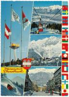 1976 XII. Olympische Winterspiele. Olympiastadt Innsbruck, Tirol. Olympische Feuer, Bob- und Rodelbahn, Patscherkofel-Seilschwebebahn / 1976. évi téli olimpiai játékok / Winter Olympics in Innsbruck, Tirol; winter sport + So. Stpl. and stamps on the backside (EK)
