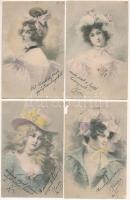 4 db régi (1905 előtti) művészi képeslap: hölgyek, vegyes minőségben / 4 pre-1905 art postcards: ladies, mixed quality
