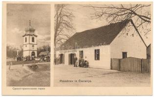 1914 Ceralije, Pozdrav, Trgovina i Gostiona K. Hergovica / üzlet, szerb ortodox templom / shop, Serbian Orthodox church (fl)