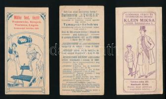 3 db számolócédula: Müller fest, tisztít, Temesvár, Szeged, Versecz, Lugos; Parfumerie "Hygienia" Temesvár; Klein Miksa Lugos