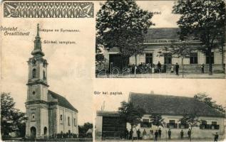 1909 Őrszállás, Stanisics, Stanica; Görögkeleti templom és paplak, takarékpénztári épület, kereskedelmi és iparbank ügynöksége. Frida és Ta. kiadása / Greek Orthodox church and vicarage, savings bank. Art Nouveau (fl)