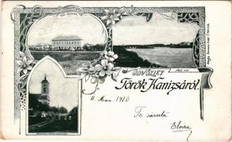 1900 Törökkanizsa, Nova Kanjiza, Novi Knezevac; közkórház, hajóhíd, Fő utca, római katolikus templom. Schwarz Antal kiadása / hospital, pontoon bridge, street, Roman Catholic church. Art Nouveau, floral (kopott sarkak / worn corners)