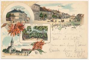 1901 Szászrégen, Sächsisch-Regen, Reghin; Gymansial-Gebäude, Marktplatz, Detail der Promenade, Evang. Kirche u. Mädchenschule. O.Z.M. / gimnázium, Piac tér, sétány, evangélikus templom és leányiskola / high school, square, market, promenade, Lutheran church and girls' school. Art Nouveau, floral, litho + "SZÁSZ-RÉGEN - KOCSARD 129. SZ." vasúti mozgóposta bélyegző (EK)