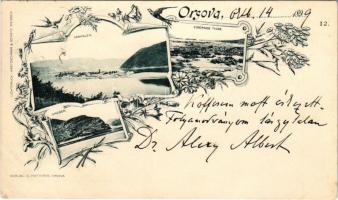 1899 (Vorläufer) Orsova, Ada Kaleh, Vaskapu-szoros, Grében-sziklaszirt / Adakaleh, Eisernes Thor, Greben. Verlag G. Hutterer. Lichtdruck Kretzschmar &amp; Schatz Art Nouveau, floral (r)