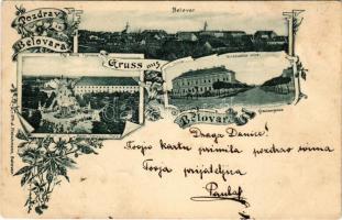 1899 (Vorläufer!) Belovár, Bjelovar; Trg Marie Therezie, Krizevacka ulica / Kreutzergasse, Marien Theresien Platz. J. Fleischmann / látkép, utca, Mária Terézia tér / general view, street, square. Art Nouveau, floral (szakadás / tear)