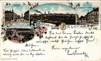 1897 (Vorläufer!!) Belovár, Bjelovar; Agramerstrasse und Kirche, Rathhaus und Blühweissgasse, Haputplatz Maria Theresia, Kaserne, Brunnen. Karl Schwidernoch / utca, templom, Városháza, Fő tér, kaszárnya, kút / street, church, town hall, main square, military barracks, fountain. Art Nouveau, floral, litho (vágott / cut)