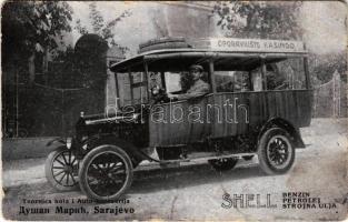 Sarajevo, tvornica kola i Auto karoserija, Shell benzin, petrolej, strojna ulja, autoomnibus Kasindo / automobile, omnibus, petrol advertisement (worn corners)