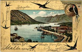 1904 Kotor, Cattaro; general view, port, ships. E. Mandel. Embossed Art Nouveau, litho with swallows (EK)