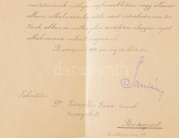Tallián Béla (1851-1921) földművelésügyi miniszter aláírása fejléces levelén