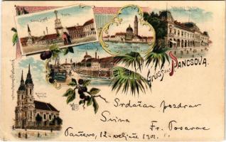 1901 Pancsova, Pancevo; Franz Josef-Platz, Griech.-ort. Kirche, Bräuhaus, Gebäude d. röm. Kath. Kirchen Gemeinde / Ferenc József tér, Ortodox templom, Római katolikus egyház bérpalotája, sörgyár. Mészáros &amp; Kohn kiadása / square, Orthodox church, palace, brewery. Art Nouveau, floral, litho (EM)