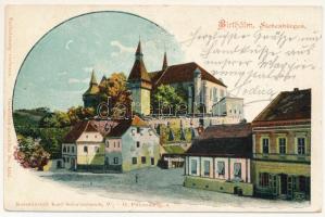 1903 Berethalom, Birthälm, Biertan; Ansicht. Kunsanstalt Karl Schwidernoch No. 5252. / utcakép, evangélikus vártemplom / street view, Lutheran castle church. Art Nouveau, litho (EK)