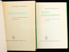 Széchenyi Zsigmond 2 műve: Egy magyar vadász hitvallása I. rész.: Ahogy elkezdődött. Egy magyar vadász hitvallása. ; Ünnepnapok. Egy magyar vadász hitvallása. Második rész. Schell József illusztrációival. Második kiadás. Bp., 1965-1978, Szépirodalmi. Kiadói félvászon-kötés,