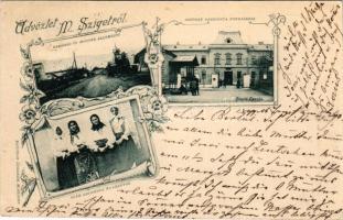 1899 (Vorläufer) Máramarossziget, Sighetu Marmatiei; Kamarai út a Magtár állomásig, Osztrák kaszárnya főbejárója, Oláh asszonyok és leányok. Kaufman Ábrahám kiadása / street view, road to the granary station, K.u.K. military barracks, Romanian Vlach folklore. Art Nouveau, floral (fl)