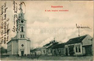 Nagyszalonta, Salonta; Római katolikus templom utca részlettel, Mogyorós Gergely üzlete. Patócs János kiadása / Catholic church, street view, shops (fa)