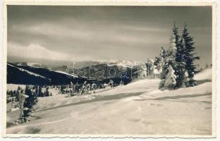 1936 Szebenjuharos, Hohe Rinne, Paltinis (Nagyszeben, Sibiu); Vedere din Rozdesti catre Rasarit / Blick vom Rozdesti nach Osten. Foto orig. J. Fischer / látkép télen, havas hegyek / general view in winter, snowy mountains