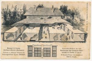 Csóka, Coka (Torontál); Zementfass-Kellerei des löbl. Rentamtes der Csokaer Herrschaft in Csoka, Ungarn. Serie B. No. 6. / keresztmetszet a Borsari &amp; Co. által kifejlesztett üvegcsempe bélésű cementhordó technológia alkalmazásáról a pincészetben / cement barrel winery (fl)