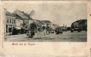 Szászrégen, Sächsisch-Regen, Reghin; Piactér, üzletek. Rudolf Burghardt kiadása / market square, shops (r)