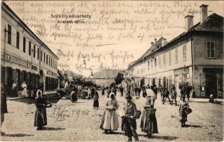 1914 Székelyudvarhely, Odorheiu Secuiesc; Kossuth utca, piac, Bogdán és fia üzlete. Dragomán kiadása / street view, market, shops (EK)