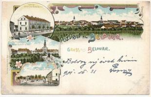 1902 Belovár, Bjelovar; Vojarna, Trg. Marije Terezije, Vojarne c i. kr. glazbe. Sal. Pollack 1716. / kaszárnya, Mária Terézia tér, zenede / military barracks, square, general view. Art Nouveau, floral, litho + "SZLAV.VERŐCZE - KŐRÖS 296. SZ." vasúti mozgóposta bélyegző (apró szakadás / tiny tear)