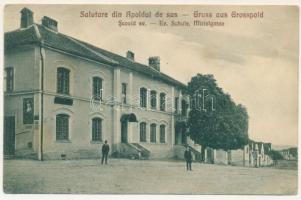 Nagyapold, Grosspold, Apoldu de Sus; Scoala ev. / Ev. Schule, Mittelgasse. Josef Briegel Fotograf, Verlag Andreas Eder / evangélikus iskola, utca / Lutheran school, street (apró szakadások / tiny tears)