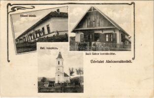 Alsócsernáton, Csernáton, Cernat, Cernatul de Jos; Állami iskola, Református templom, Baló Gábor üzlete. Szilágyi Arthur műintézetéből / school, Calvinist church, shop. Art Nouveau (Rb)