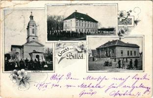 1900 Billéd, Biled; Kirche, Erzbischöfliches Castell, Apotheke / Templom, érseki kastély, gyógyszertár, férfi kerékpárral / church, archbishop's castle, pharmacy, man with bicycle. Art Nouveau, floral (EB)