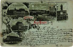 1899 (Vorläufer) Nagyvárad, Oradea; Múzeum, kereskedelmi csarnok, püspöki palota és székesegyház, Szent László szobor, Kishídfő. Sonnenfeld Adolf kiadása / museum, trading hall, bishop's palace, cathedral, statue, bridge. O.Z.M. Art Nouveau, floral, litho (vágott / cut)