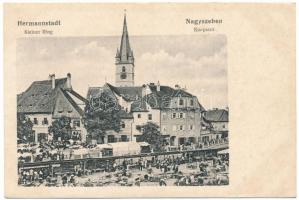 Nagyszeben, Hermannstadt, Sibiu; Kleiner Ring. Kunstanstalt Jos. Drotleff / tér, templom, piac, Hugo Connerth, Karl Illésy üzlete / square, church, market, shops (fl)
