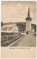 1923 Abrudbánya, Abrud; görögkeleti templom és iskola. Radó Boldizsár felvétele és kiadása / Greek Orthodox church and school (ázott sarkak / wet corners)