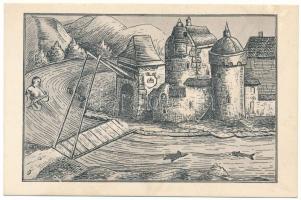 Vöröstorony, Verestorony, Porcsesd, Porcesti, Turnu Rosu; Vederea castelului ce-a statacolo pevremuri si a fost distrus de o inund. a Oltului la 1528. / a várkastély 1528-ban / castle in 1528 (felületi sérülés / surface damage)