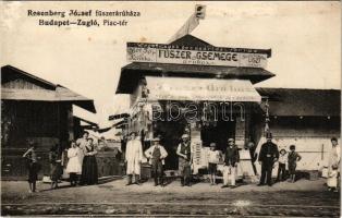 Budapest XIV. Zugló, Bosnyák téri Piactér a villamossínekkel, Rosenberg József fűszeráruháza és üzlete, Gizella gőzmalom lisztraktár. Sujánszky József kiadása (r)