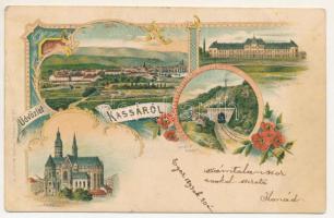 1898 (Vorläufer) Kassa, Kosice; látkép, Felsőbb leányiskola, Tehányi vasúti alagút, dóm, székesegyház. Wlaszlovits Gusztáv kiadása. Dr. Szolcsányi Hugó (1851-1906) statisztikus, jogi doktor, képesített egyetemi magántanár nejének címzett képeslap / general view, girls' school, railway tunnel, cathedral. Art Nouveau, floral, litho (gyűrődés / crease)