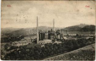 1907 Ózd, vasgyári kohók, iparvasút, vonat. Zsiros Sándor kiadása (ázott sarok / wet corner)