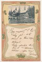 1901 Szebenjuharos, Hohe Rinne, Paltinis; Touristenhaus auf der Hohen Rinne. Kurhaus auf der Hohen Rinne 2h. / turistaház, gyógyház. Jos. Drotleff kiadása, szecessziós-virágos litho keret. Ritka erdélyi hotelposta! / sanatorium, with rare Transylvanian hotel post. Art Nouveau, floral, litho frame (EB)