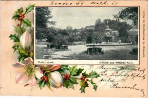 1899 (Vorläufer) Brassó, Kronstadt, Brasov; Rudolfspark / Rezső park. W. Hiemesch kiadása, szecessziós-virágos litho keret / park. Art Nouveau, floral, litho frame (r)