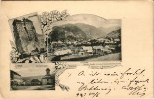 1903 Óradna, Alt-Rodna, Rodna veche, Rodna; a radnai rom, Fő tér, Római katolikus templom, Ó-Radna látképe. Häusler Nándor műintézet Besztercén, Karácsony János kiadása, szecessziós-virágos keret / ruins, Catholic church, general view. Art Nouveau, floral (EK)