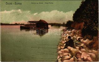 1916 Eszék, Essegg, Osijek; Partija sa Drave / Drau-Partie / úszó hajómalom a Dráván / floating ship mill (boat mill) (EB)