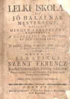 Ozolyi Flórián (ford. és átdolg.):  Lelki iskola És a' Jó halálnak mestersége, mellyben minden keresztény taníttatik a gonosztól el-távozni, és jót tselekedni, hogy Jó halállal, Boldog ki-mulással életét végezhesse, és Meny-Országban az örök életet el-nyerhesse, melly a' Szerafikus Szent Ferencz Kisded Szerzete-béli Boldog Aszszony Provinciájában lévö egy Szerzetes által Deák nyelvböl magyarra fordittatott. Újabban pedig sok hibáktúl meg-mentetett. Egerben, 1776. Nyomtattatott a' Püspöki Oskola Betöivel. [14] + 421 + [9] p. Ozolyi Flórián (1683-1755) ferences szerzetes, nagyszombati hitszónok műve egy latin nyelvű kegyességi munka fordítása. Az ízes magyarsággal készített fordítás számos történeti anekdotát és elrettentő világi példát idézve sarkallja igaz katolikus olvasóját a kegyes életre; a bűnöktől, a világ hívságaitól és a lutheri-kálvini eretnekségtől való tartózkodásra. A fordítás először 1722-ben jelent meg, Pozsonyban, példányunk a ferences munka ötven évvel későbbi egri kiadásából való. A bekötött címlapon és az ajánlást hordozó első levélen nagyobb pótlás, a belív négy levele a gerincnél megerősítve, a belív 36 levelének alsó sarkán, szövegtükrön kívüli szúrágásnyomok, a címlapon markánsabb, számos oldalon halvány foltosság. Az első előzéken régi tulajdonosi bejegyzés, néhány oldalon széljegyzetek. XIX. század első feléből származó, aranyozott gerincű, kopott félbőr kötésben. Az oldalsó lapszéleken apró foltosság.