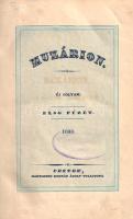 [Évkönyv] Muzárion. Új folyam, első kötet. (1833) Pesten, 1833. Hartleben Konrád Ádolf. 467 + [1] p. Az első magyar irodalomelméleti-kritikai folyóirat ötödik, egyben utolsó és legritkább kötete. Az 1826-ban Kölcsey Ferenc és Szemere Pál közös szerkesztésében induló kritikai szemle, az Élet és Litetatúra 1829-ben felvette a Muzárion - Élet és Literatúra, majd 1833. évi újraindulásakor a Muzárion nevet. A szemle mindvégig kötet alakban jelent meg, eredeti fejezetszámozását pedig az 1826. évi első kötettől kezdve folytatja. Új, Muzárion névre hallgató kritikai szemlénk így a teljes folyam 30-46. fejezetét közli. Kötetünk két legfontosabb szerzője ezúttal is az egyenként is több fejezetet jegyző Szemere Pál és Kölcsey Ferenc, de önálló fejezetet alkotnak Kazinczy posztumusz közzétett nyelvújítási írásai is. Az irodalmi kritika helyes módszeréről elmélkedő hosszú esszé mellett politikai cikkeket is közzétesz kötetünk, legfőbb értéket pedig Kölcsey néhány dolgozata jelenti, itt jelenik meg először "Játékszínről" írt dolgozata, illetve Kazinczy-emlékbeszéde. A bekötött, illusztrált első fedőborítón régi gyűjteményi bélyegzés. Lakatos 245. Gerincén enyhén kopott korabeli kartonkötésben, színes festésű lapszélekkel. Jó példány.