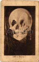 Minden csak hiúság. Hölgy koponyát formázó tükör előtt. Optikai illúziós képeslap / "All is Vanity" Lady in front of a skull-shaped mirror. Pictorial Comedy Postcards James Henderson &amp; Sons, London. Optical illusion (szakadás / tear)
