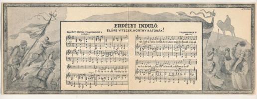 Erdélyi induló. Előre vitézek, Horthy katonák! Zilahi Farnos E. zenéje, Naményi Zoltán-Zilahi Farnos E. szövege. Kiadja a Magyar Nemzeti Szövetség. 2-részes kinyitható irredenta kottás képeslap / WWII Hungarian Army's Transylvanian military anthem, irredenta propaganda, 2-tiled folding card with sheet music s: Buday (EB)