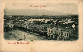 Máramarossziget, Sighetu Marmatiei; látkép, Korona szálloda és kávéház, Kardos Ignác, Wizner és Dávid üzlete. Mayer és Berger kiadása / general view, hotel and café, shops (fl)