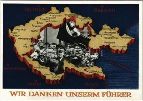 Wir danken unserm Führer / NSDAP German Nazi Party propaganda, Adolf Hitler, Konrad Henlein, map of the Czech Republic, swastika. 6 Ga (EK)