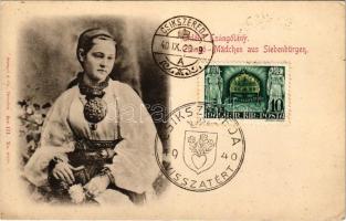 1940 Csíkszereda, Miercurea Ciuc; Erdélyi csángólány/ Csángó-Mädchen aus Siebenbürgen. Stengel &amp; Co. (Dresden) Ser III. No. 6038. / Transylvanian Saxon folklore. TCV card + "1940 CSÍKSZEREDA VISSZATÉRT" So. Stpl. (EK)