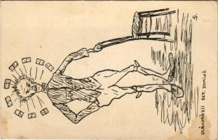 Oláhapáti, Apáti, Apateu; "Szent Dominó" humoros katonai grafika. Sonnenfeld kiadása (Nagyvárad, Oradea) / humorous military art postcard, artist signed (fl)