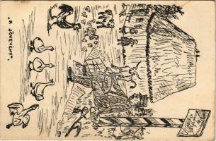 Oláhapáti, Apáti, Apateu; "A jövevény" humoros katonai grafika. Sonnenfeld kiadása (Nagyvárad, Oradea) / humorous military art postcard, artist signed (fl)