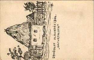 Oláhapáti, Apáti, Apateu; "Kultúrpalota" humoros katonai grafika. Sonnenfeld kiadása (Nagyvárad, Oradea) / "Palace of Culture" humorous K.u.K. military art postcard, artist signed (EK)